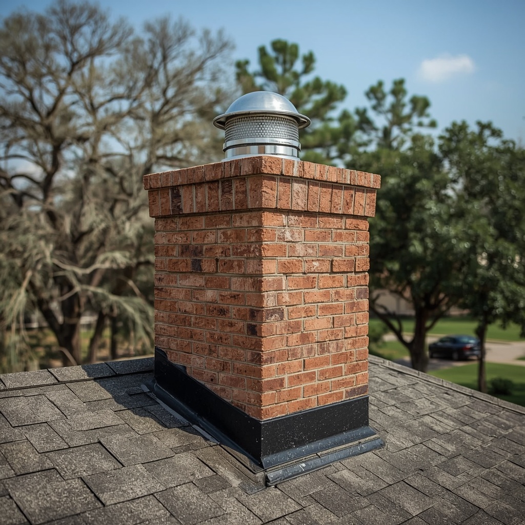 Brick masonry chimney with metal rain cap on a Garland-area house