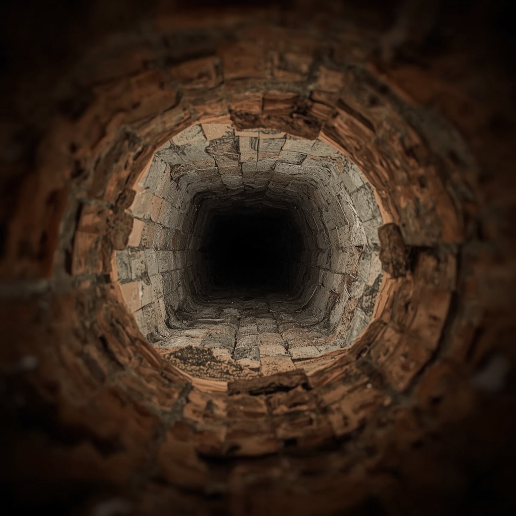 Looking up a clay tile flue liner during an inspection