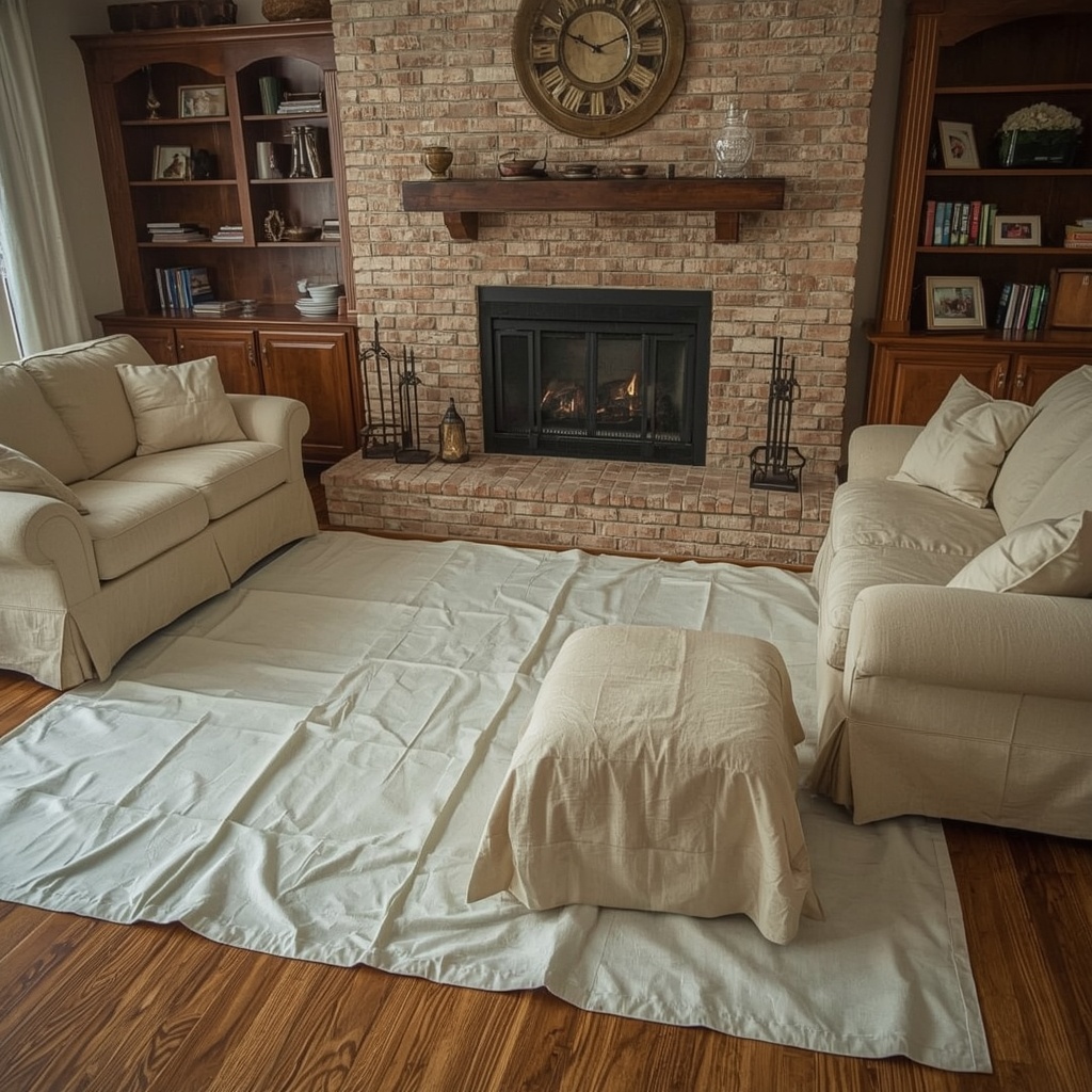 Drop cloths protecting a living room during chimney work