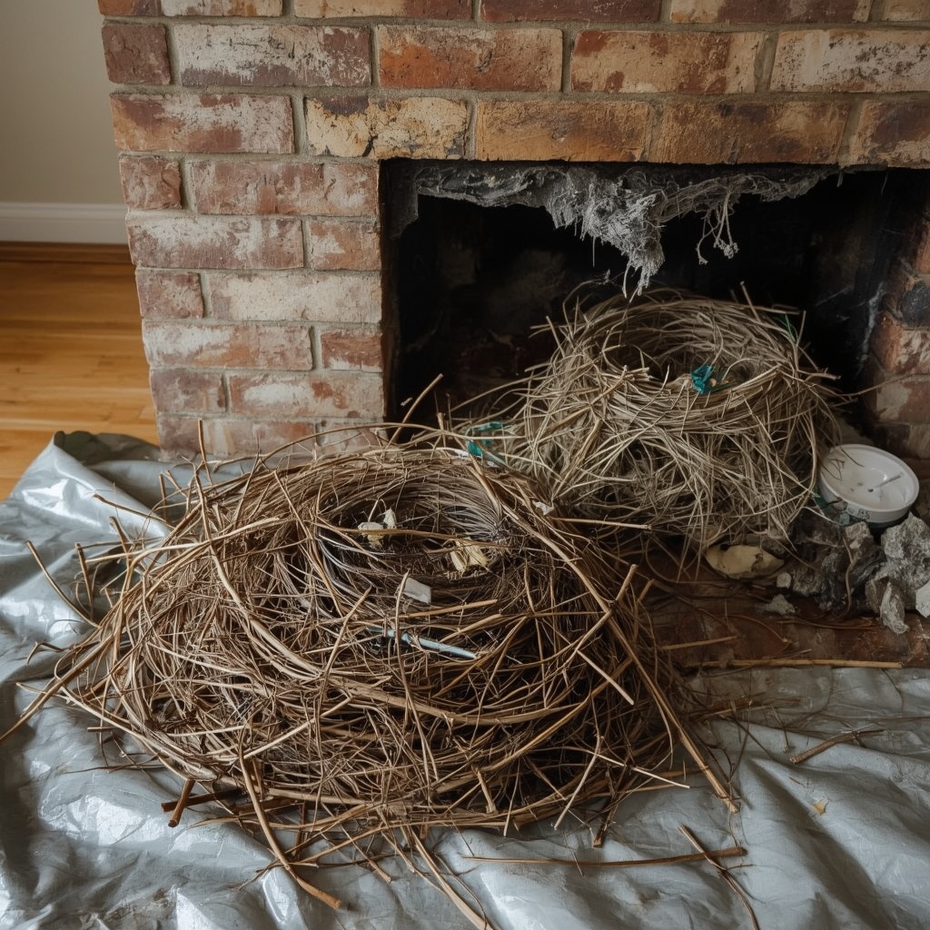 Bird nest debris removed from a residential chimney flue