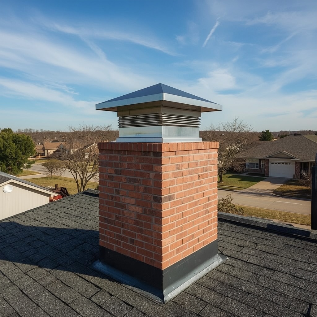Clean metal chimney cap on a brick stack after service
