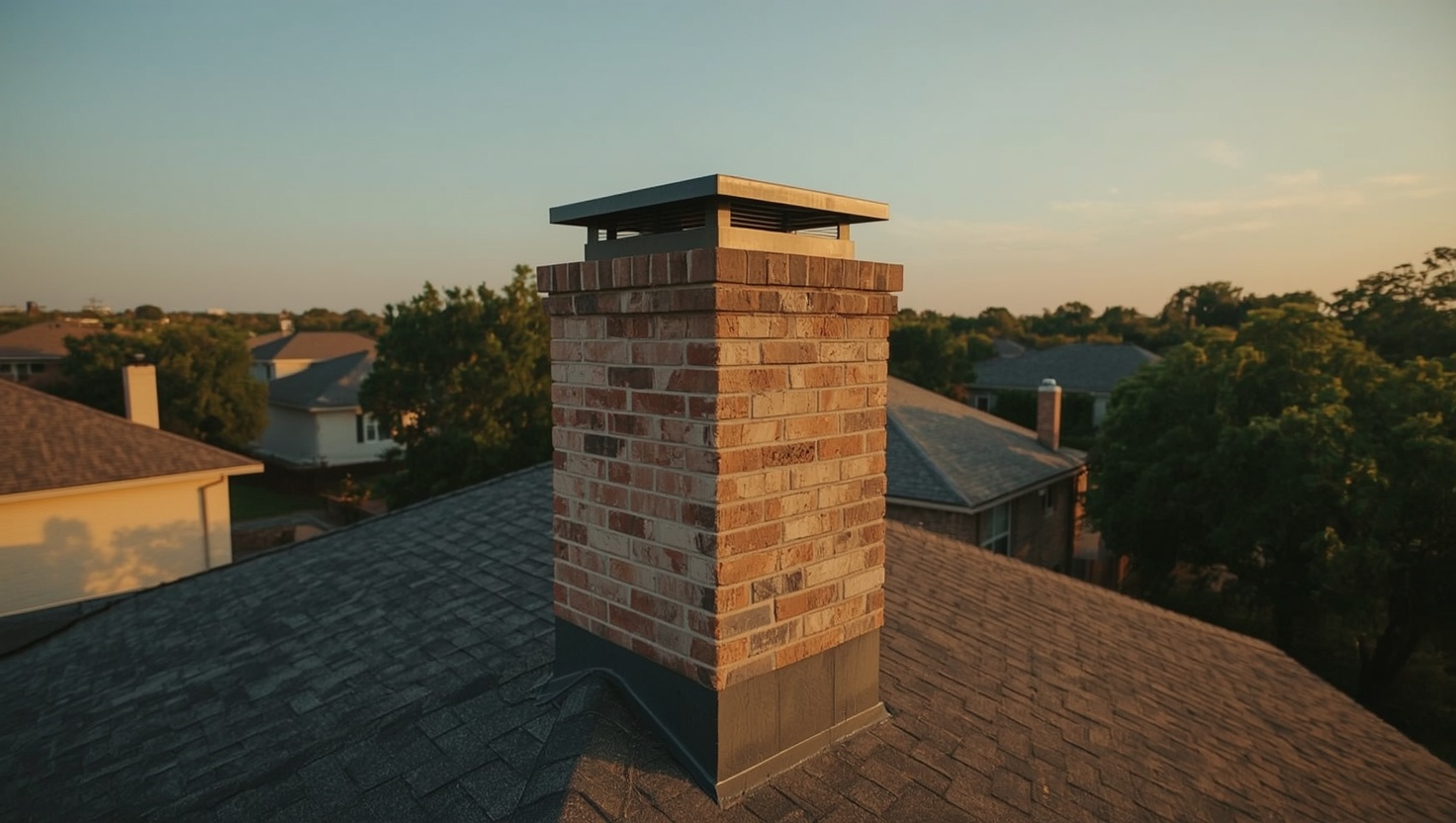 Brick residential chimney on a Texas rooftop